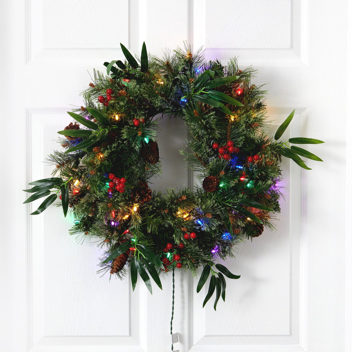 24” Mixed Pine Artificial Christmas Wreath with 50 Multicolored LED Lights, Berries and Pine Cones-Wreath-Parc Decor