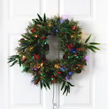 24” Mixed Pine Artificial Christmas Wreath with 50 Multicolored LED Lights, Berries and Pine Cones-Wreath-Parc Decor