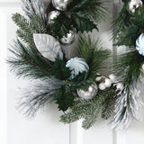 24” Pinecones and Berries Christmas Artificial Wreath with Silver Ornaments-Wreath-Parc Decor