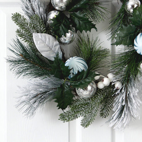 24” Pinecones and Berries Christmas Artificial Wreath with Silver Ornaments-Wreath-Parc Decor