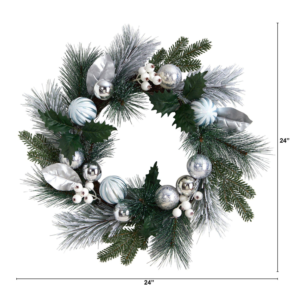 24” Pinecones and Berries Christmas Artificial Wreath with Silver Ornaments-Wreath-Parc Decor