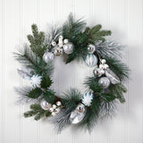 24” Pinecones and Berries Christmas Artificial Wreath with Silver Ornaments-Wreath-Parc Decor