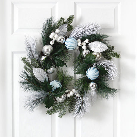 24” Pinecones and Berries Christmas Artificial Wreath with Silver Ornaments-Wreath-Parc Decor
