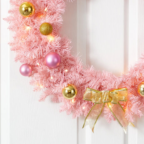 24” Pink Artificial Christmas Wreath with 35 LED Lights and Ornaments-Wreath-Parc Decor