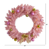 24” Pink Artificial Christmas Wreath with 35 LED Lights and Ornaments-Wreath-Parc Decor