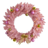 24” Pink Artificial Christmas Wreath with 35 LED Lights and Ornaments-Wreath-Parc Decor