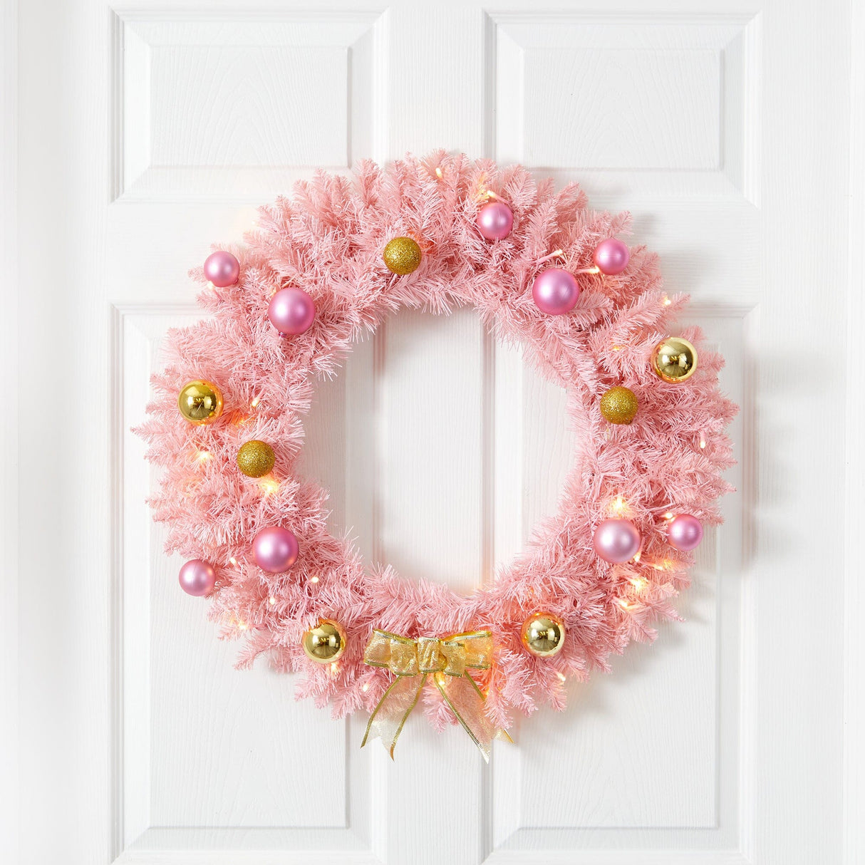 24” Pink Artificial Christmas Wreath with 35 LED Lights and Ornaments-Wreath-Parc Decor