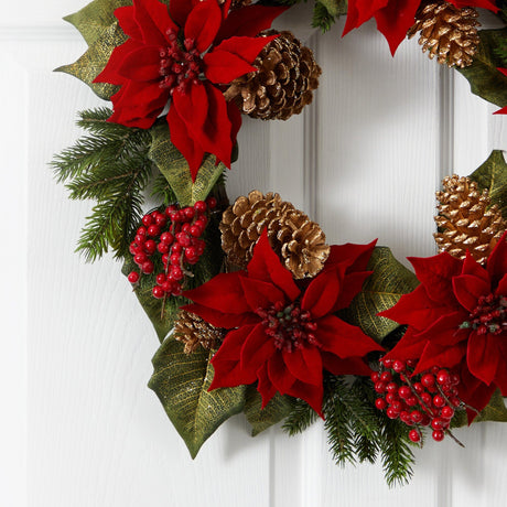 24” Poinsettia, Berry and Golden Pine Cone Artificial Wreath-Wreath-Parc Decor