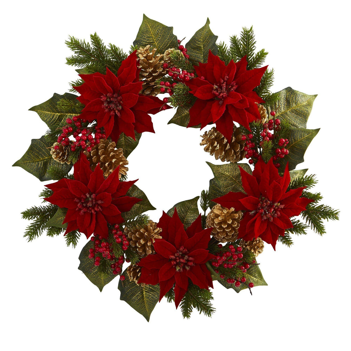 24” Poinsettia, Berry and Golden Pine Cone Artificial Wreath-Wreath-Parc Decor