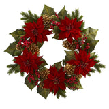 24” Poinsettia, Berry and Golden Pine Cone Artificial Wreath-Wreath-Parc Decor