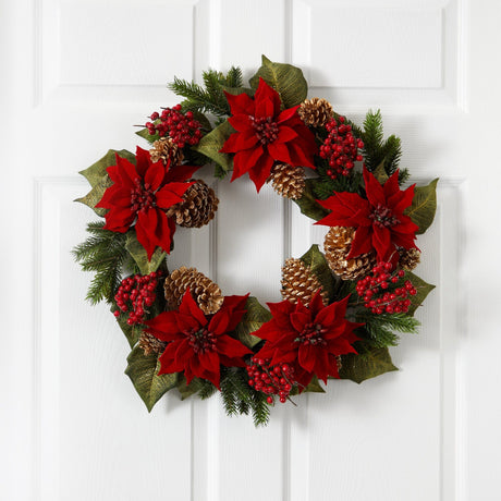 24” Poinsettia, Berry and Golden Pine Cone Artificial Wreath-Wreath-Parc Decor