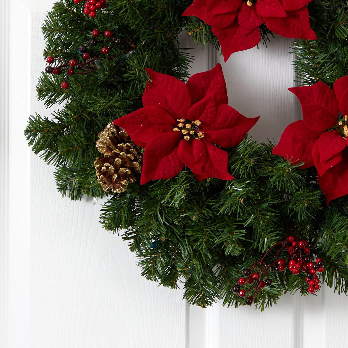 24” Poinsettia, Berry and Pinecone Artificial Wreath with 50 Warm White LED Lights-Wreath-Parc Decor