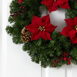 24” Poinsettia, Berry and Pinecone Artificial Wreath with 50 Warm White LED Lights-Wreath-Parc Decor