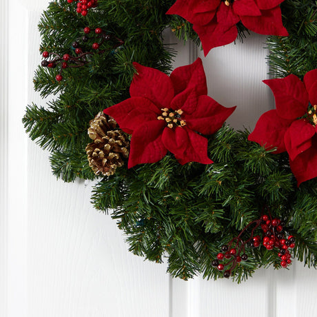 24” Poinsettia, Berry and Pinecone Artificial Wreath with 50 Warm White LED Lights-Wreath-Parc Decor