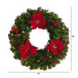 24” Poinsettia, Berry and Pinecone Artificial Wreath with 50 Warm White LED Lights-Wreath-Parc Decor