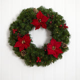 24” Poinsettia, Berry and Pinecone Artificial Wreath with 50 Warm White LED Lights-Wreath-Parc Decor