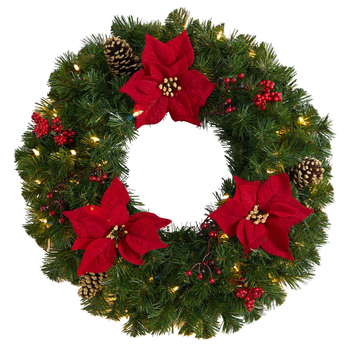 24” Poinsettia, Berry and Pinecone Artificial Wreath with 50 Warm White LED Lights-Wreath-Parc Decor