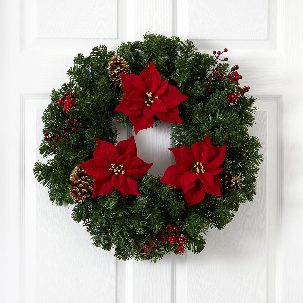 24” Poinsettia, Berry and Pinecone Artificial Wreath with 50 Warm White LED Lights-Wreath-Parc Decor