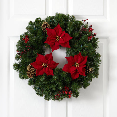 24” Poinsettia, Berry and Pinecone Artificial Wreath with 50 Warm White LED Lights-Wreath-Parc Decor