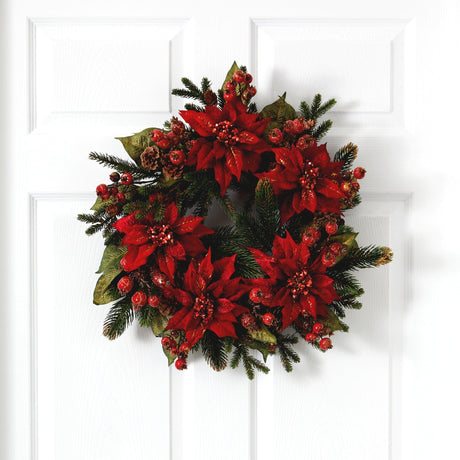 24" Poinsettia & Berry Wreath"-Wreath-Parc Decor