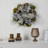 24” Silver Poinsettia, Hydrangea and Pinecones Artificial Christmas Wreath-Wreath-Parc Decor
