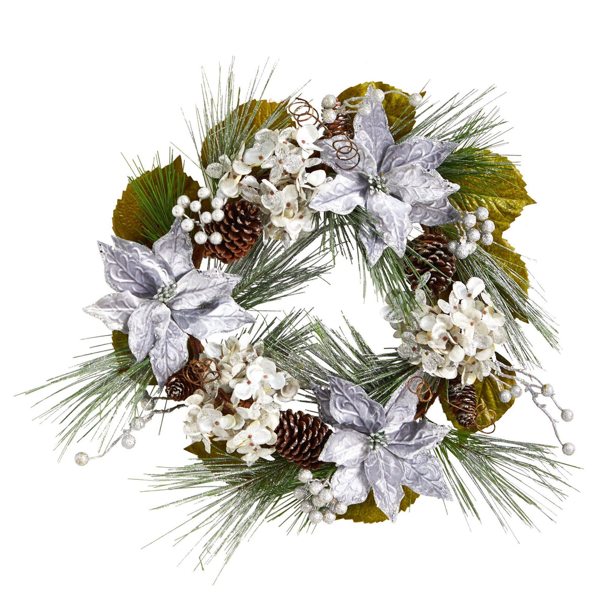 24” Silver Poinsettia, Hydrangea and Pinecones Artificial Christmas Wreath-Wreath-Parc Decor
