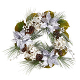 24” Silver Poinsettia, Hydrangea and Pinecones Artificial Christmas Wreath-Wreath-Parc Decor