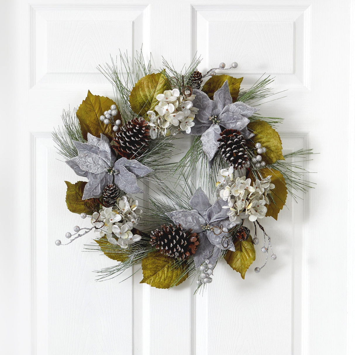 24” Silver Poinsettia, Hydrangea and Pinecones Artificial Christmas Wreath-Wreath-Parc Decor