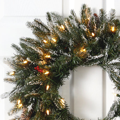 24” Snowed Artificial Christmas Wreath with 50 Warm White LED Lights and Pine Cones-Wreath-Parc Decor