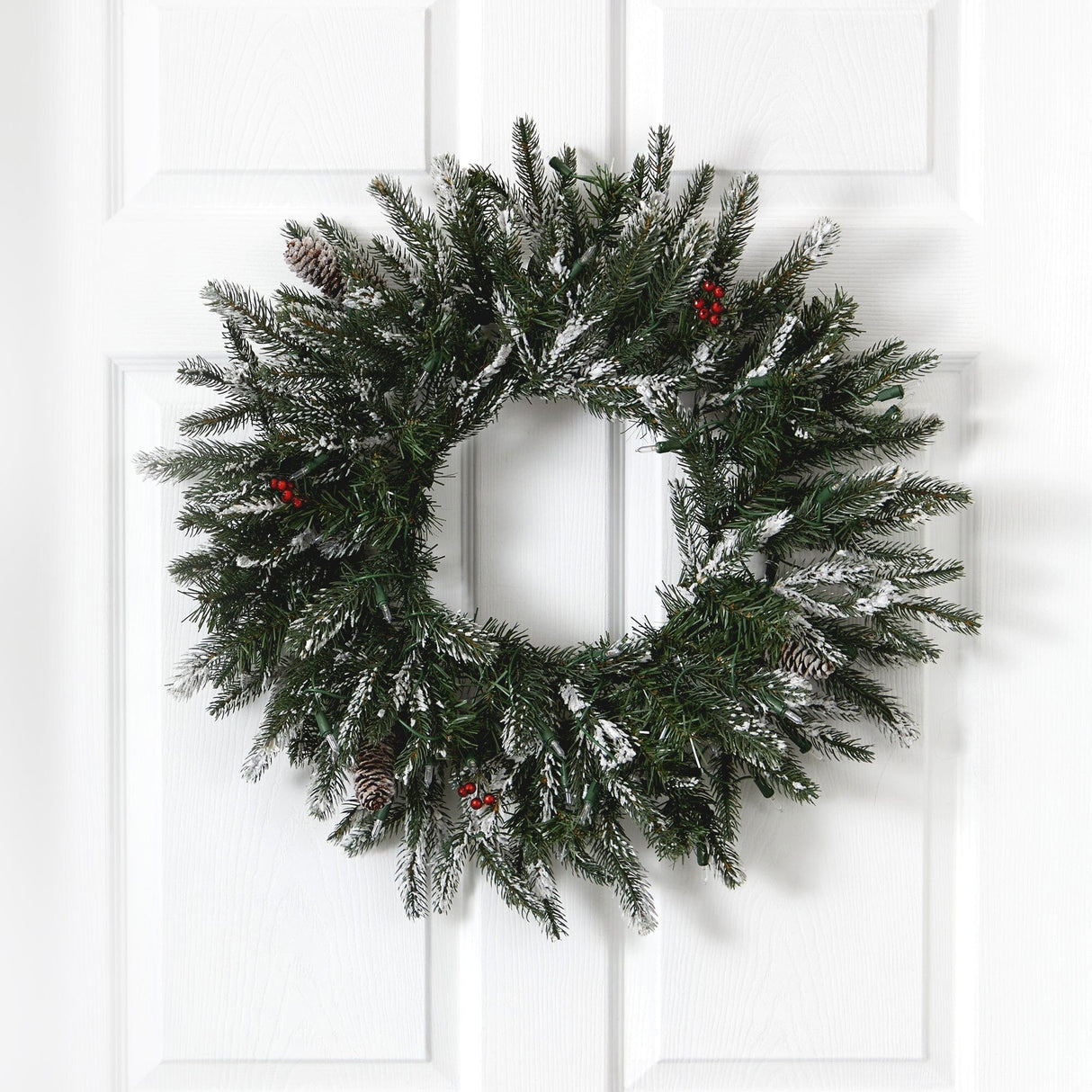 24” Snowed Artificial Christmas Wreath with 50 Warm White LED Lights and Pine Cones-Wreath-Parc Decor