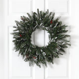 24” Snowed Artificial Christmas Wreath with 50 Warm White LED Lights and Pine Cones-Wreath-Parc Decor