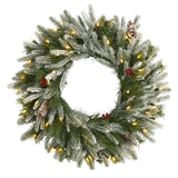 24” Snowed Artificial Christmas Wreath with 50 Warm White LED Lights and Pine Cones-Wreath-Parc Decor