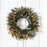 24” Snowed Artificial Christmas Wreath with 50 Warm White LED Lights and Pine Cones-Wreath-Parc Decor
