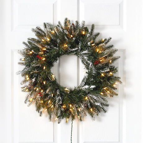 24” Snowed Artificial Christmas Wreath with 50 Warm White LED Lights and Pine Cones-Wreath-Parc Decor