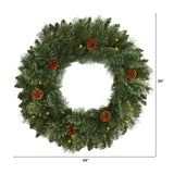 24” White Mountain Pine Artificial Christmas Wreath with 35 LED Lights and Pinecones-Wreath-Parc Decor