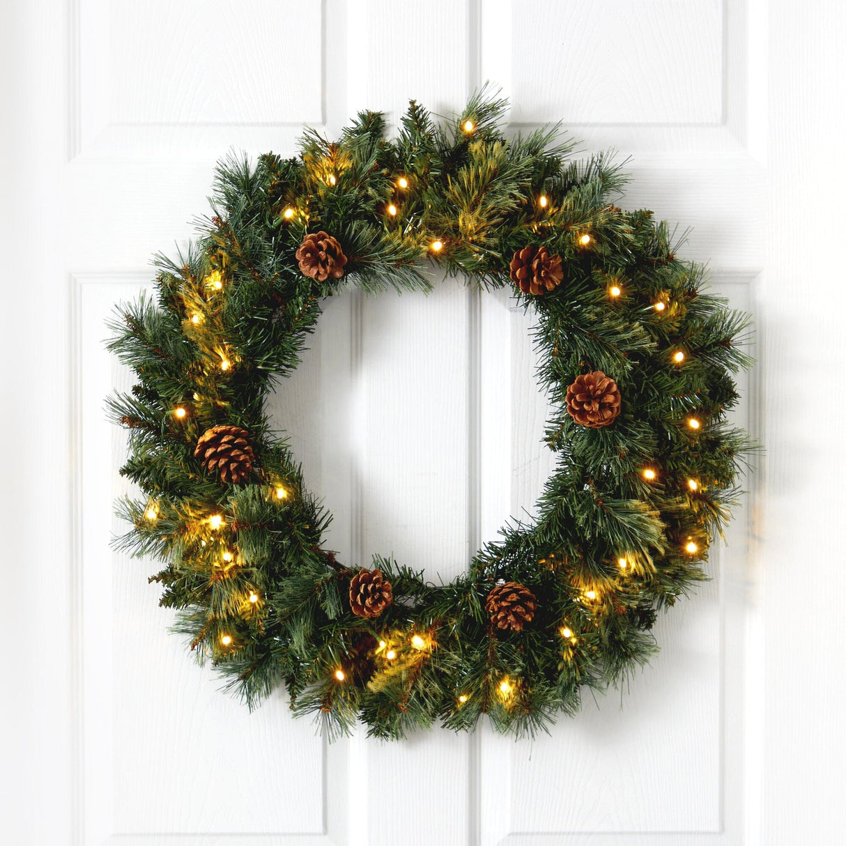 24” White Mountain Pine Artificial Christmas Wreath with 35 LED Lights and Pinecones-Wreath-Parc Decor