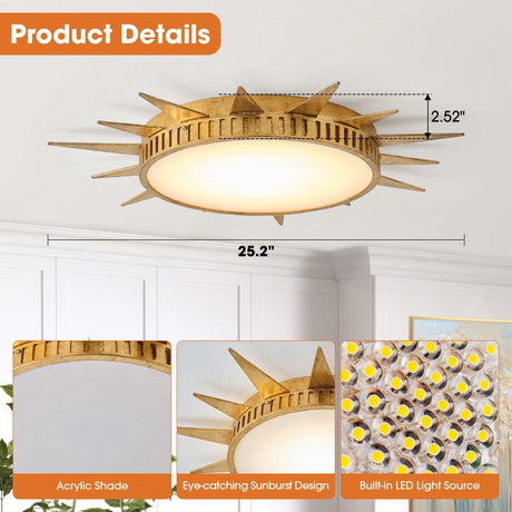 25 Inch Dana Vintage Golden Sunburst Flush Mount LED Light-Parc Decor