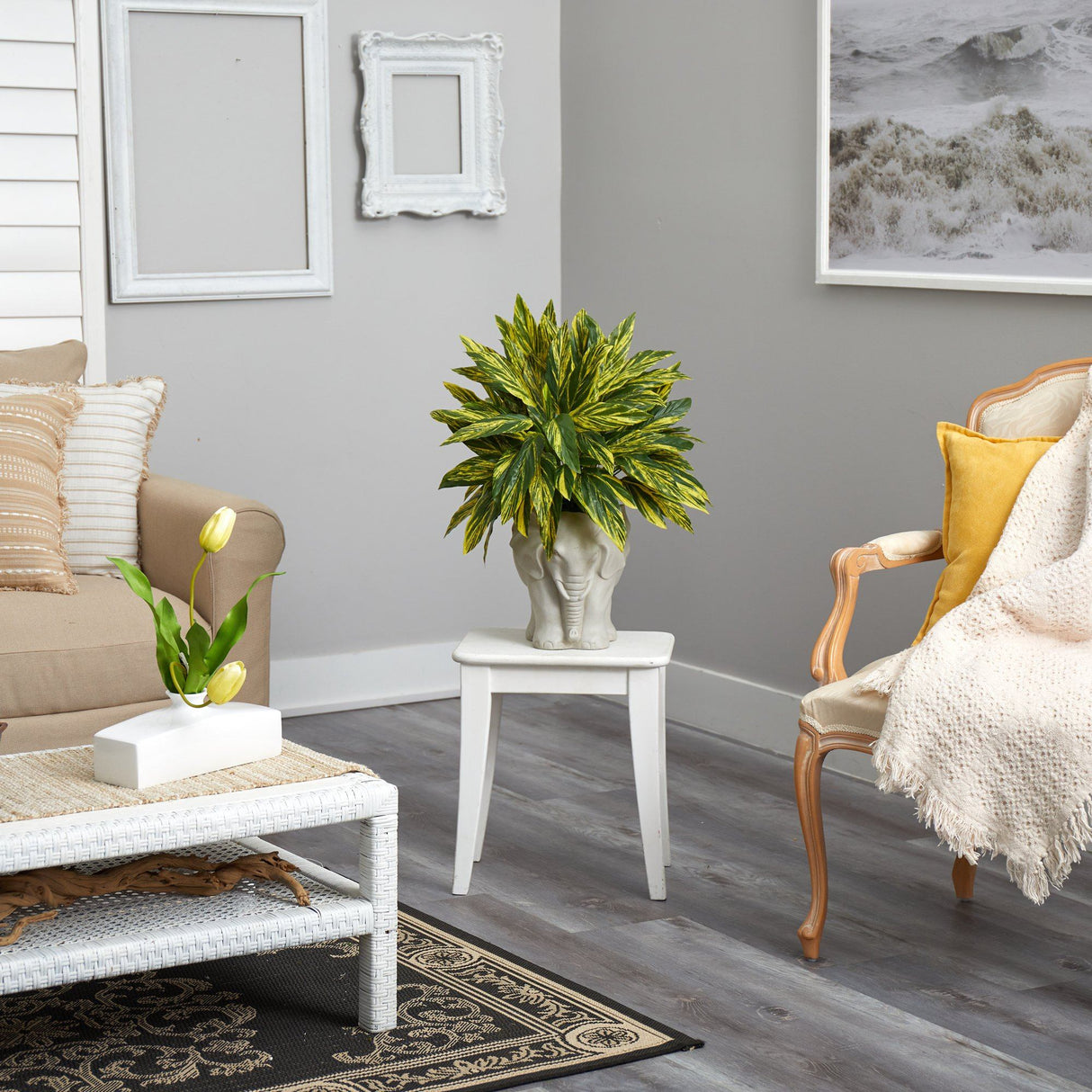 25” Tradescantia Artificial Plant in White Elephant Shaped Planter (Real Touch)-Parc Decor