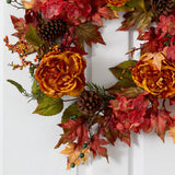25” Fall Ranunculus, Hydrangea and Berries Autumn Artificial Wreath-Wreath-Parc Decor