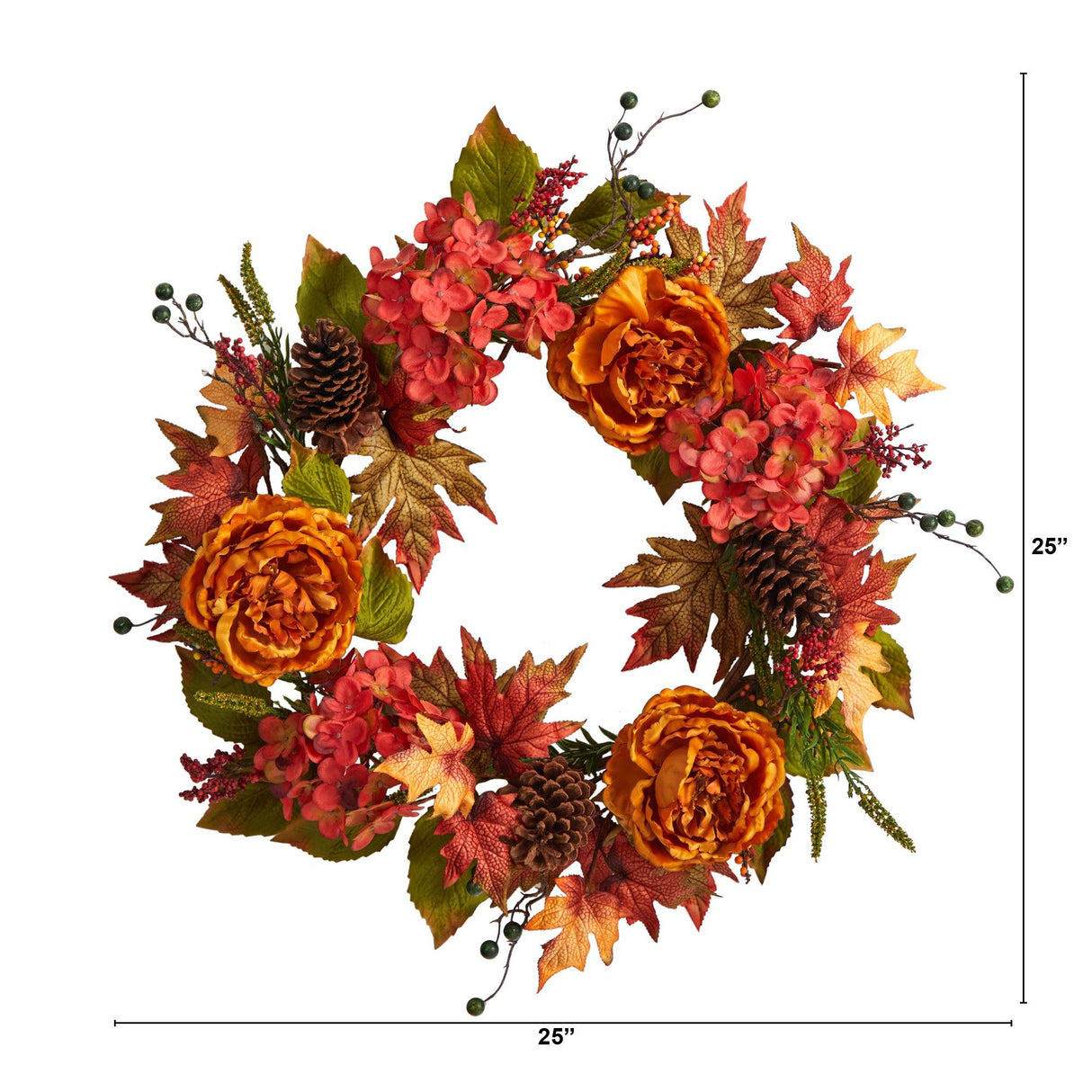 25” Fall Ranunculus, Hydrangea and Berries Autumn Artificial Wreath-Wreath-Parc Decor