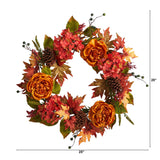 25” Fall Ranunculus, Hydrangea and Berries Autumn Artificial Wreath-Wreath-Parc Decor
