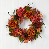 25” Fall Ranunculus, Hydrangea and Berries Autumn Artificial Wreath-Wreath-Parc Decor