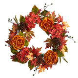 25” Fall Ranunculus, Hydrangea and Berries Autumn Artificial Wreath-Wreath-Parc Decor