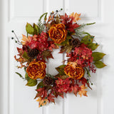 25” Fall Ranunculus, Hydrangea and Berries Autumn Artificial Wreath-Wreath-Parc Decor