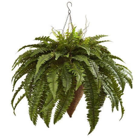 26" Artificial Giant Boston Fern with Cone Hanging Basket"-Parc Decor