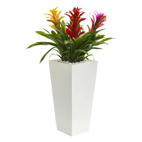 26” Triple Bromeliad Plant in White Tower Planter-Parc Decor