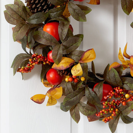 26” Autumn Persimmon and Pinecones Artificial Fall Wreath-Wreath-Parc Decor