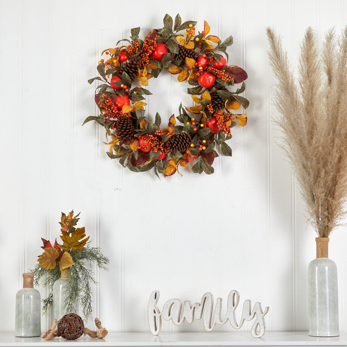 26” Autumn Persimmon and Pinecones Artificial Fall Wreath-Wreath-Parc Decor