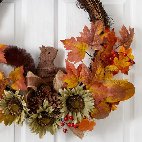 26” Fall Harvest Artificial Autumn Wreath with Twig Base and Squirrel-Wreath-Parc Decor
