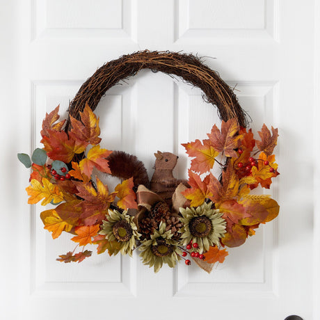 26” Fall Harvest Artificial Autumn Wreath with Twig Base and Squirrel-Wreath-Parc Decor